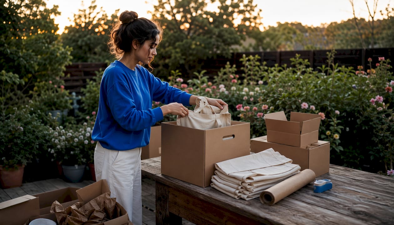 Woman packing eco-friendly moving boxes in living room