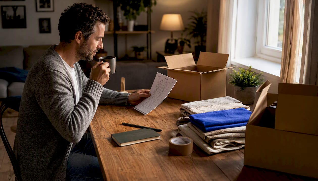 Man planning sustainable move at kitchen table