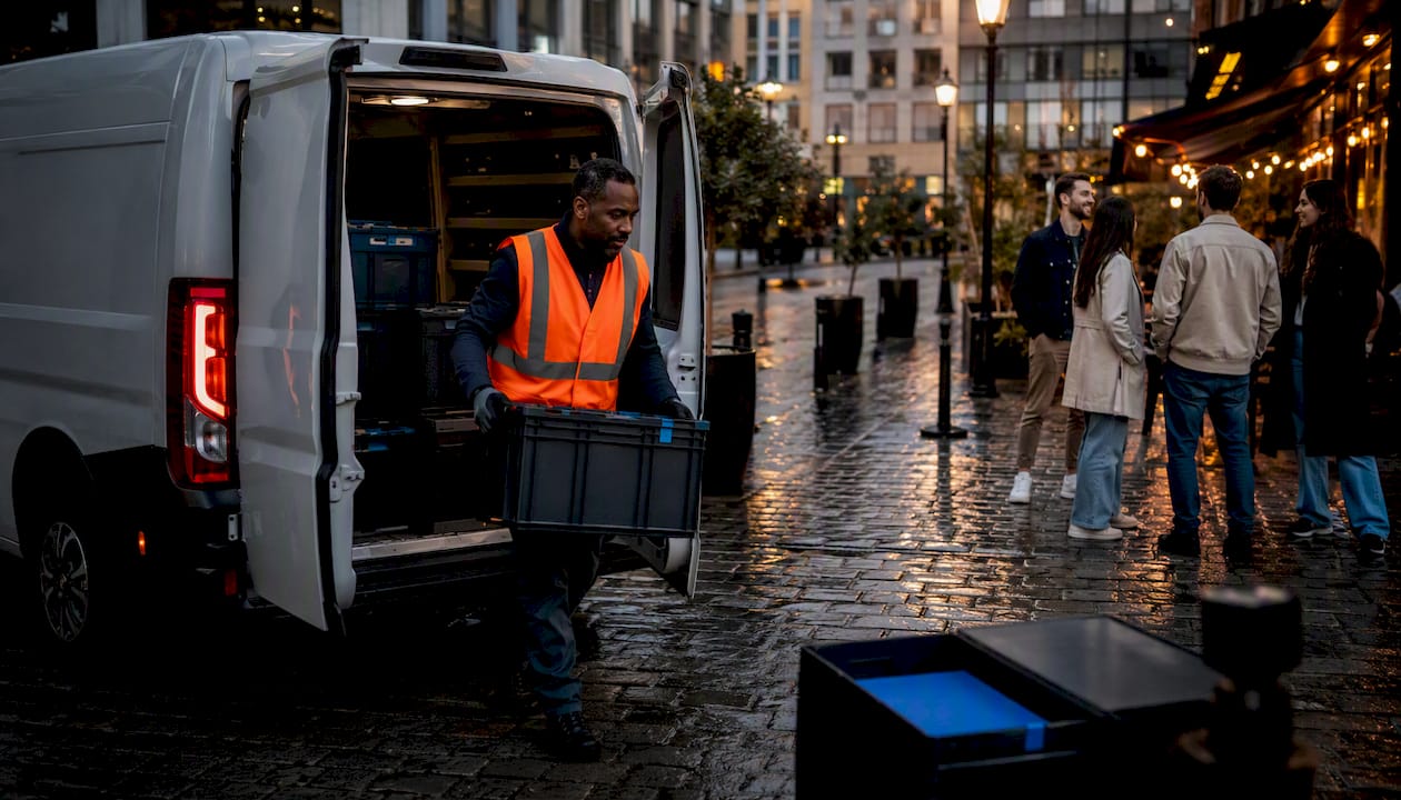 Man unloading electric moving van in city street