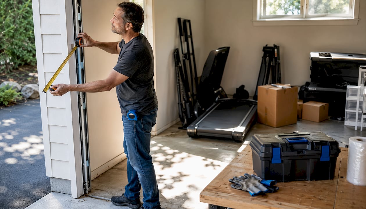 Man measuring doorway for treadmill move