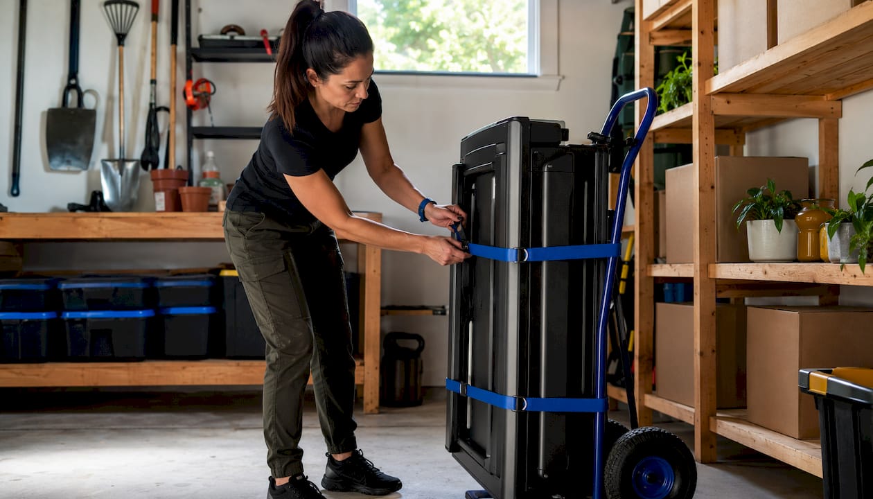 Gloved hands strapping treadmill on dolly