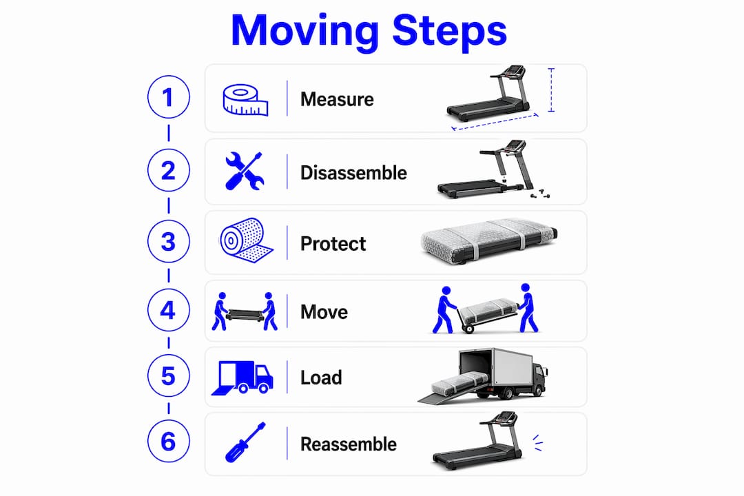 Infographic showing step-by-step treadmill moving process