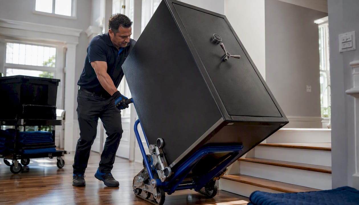 Mover lifting gun safe with dolly in hallway