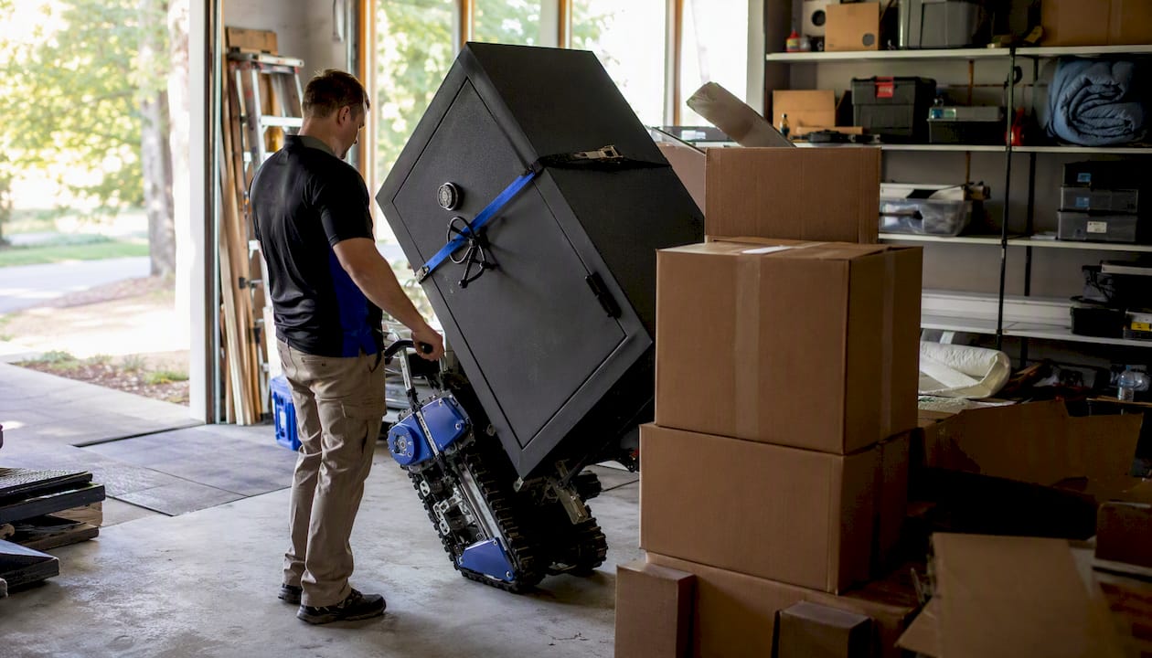 Staircase with gun safe on moving equipment