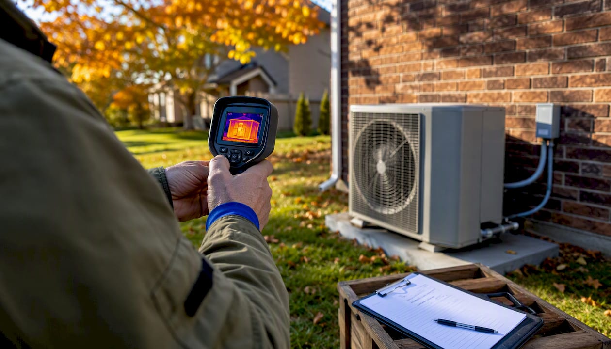 Close-up of thermal camera inspecting heat pump