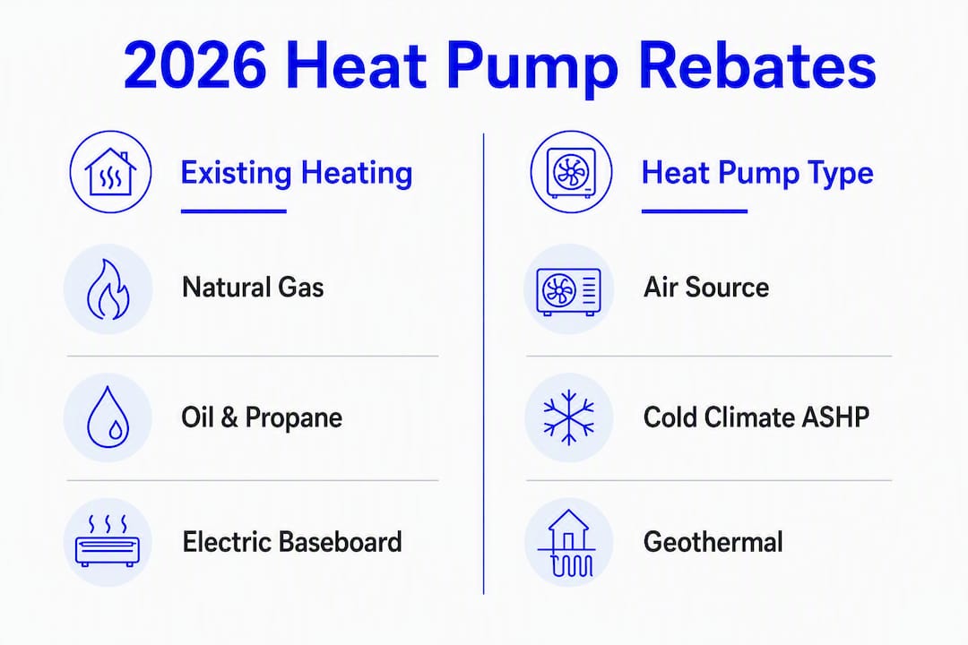 Infographic comparing 2026 heat pump rebate categories