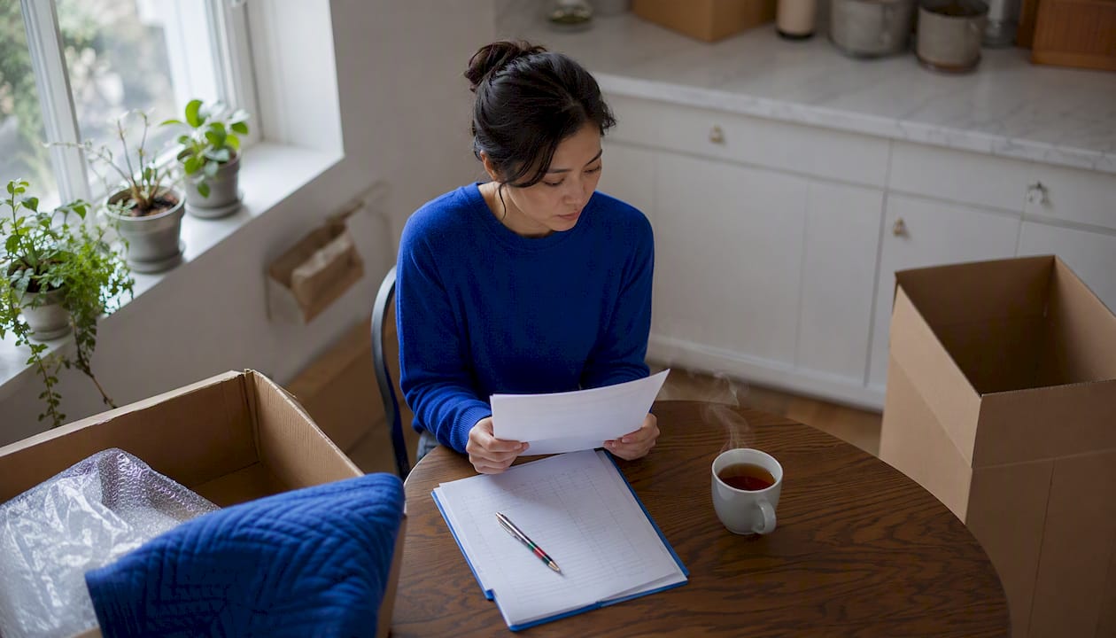 Woman reviewing private moving insurance policy at desk