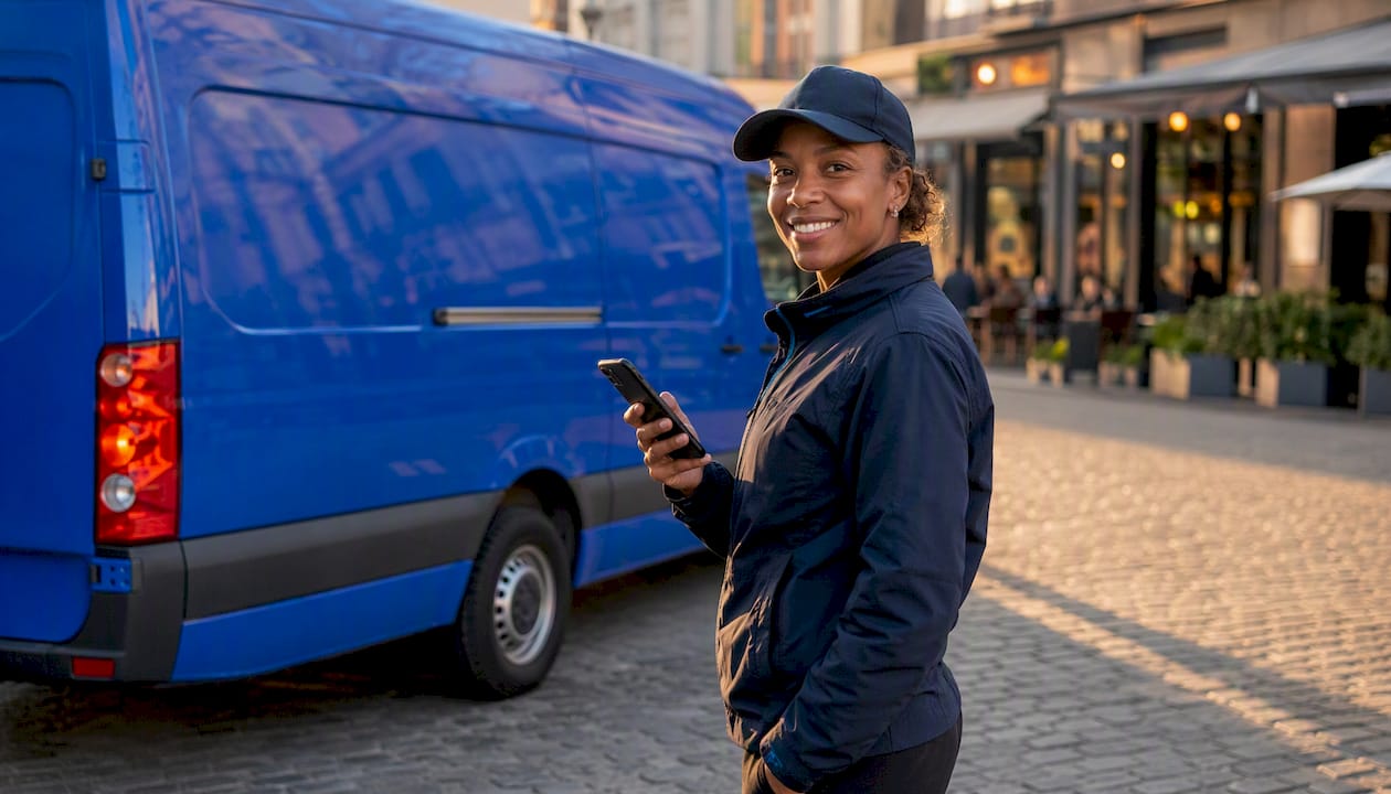 Delivery driver confirming pickup booking on phone outdoors