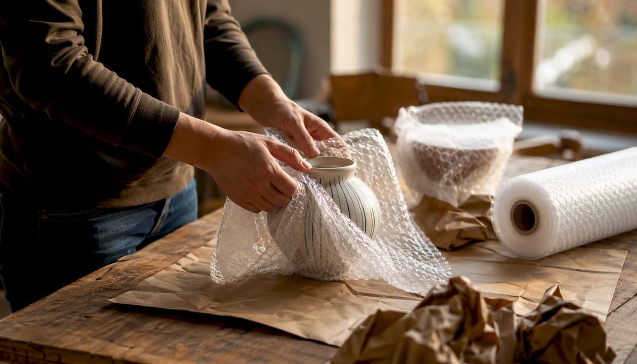 Hands wrapping vase with bubble wrap and packing paper