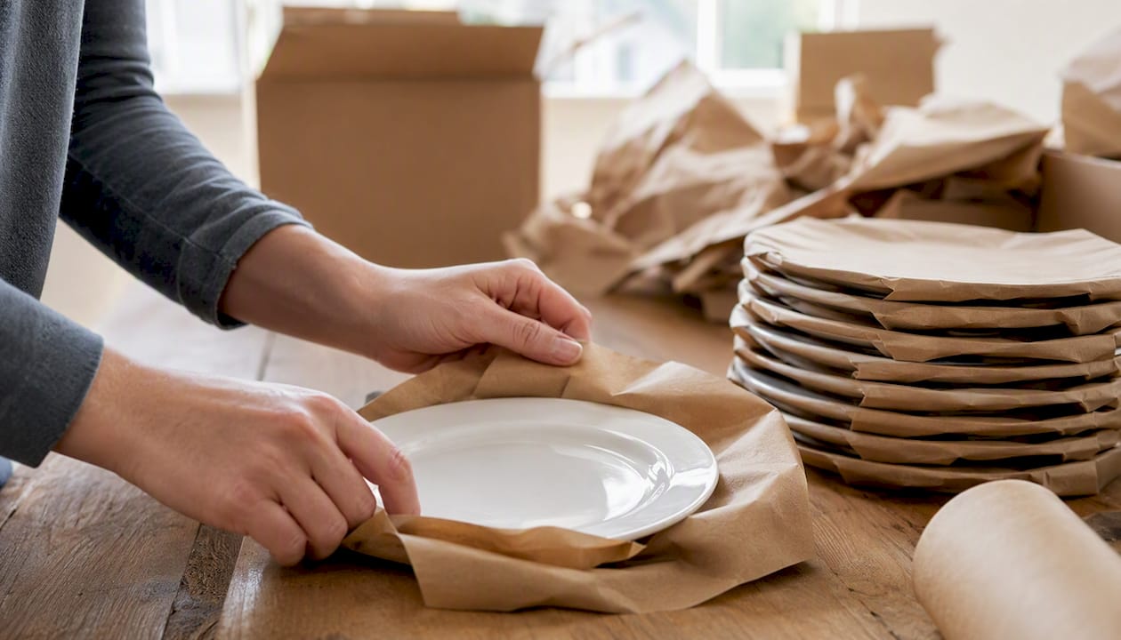 Hands wrapping dinner plate with kraft packing paper