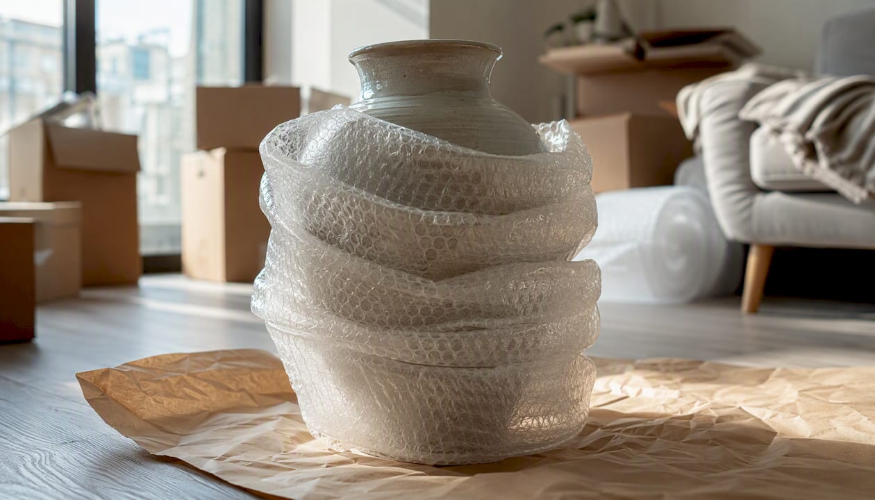Ceramic vase wrapped in layers of bubble wrap and paper