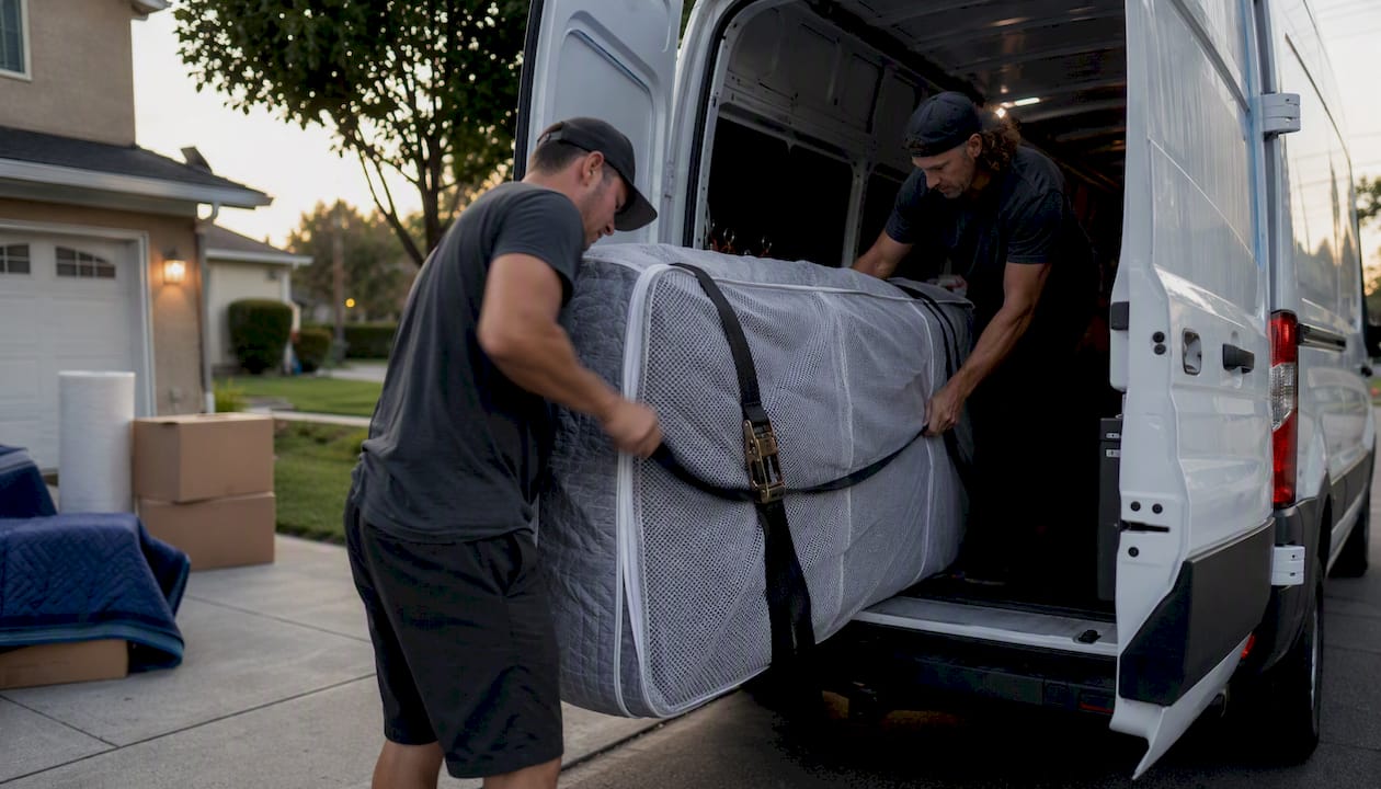 Loading mattress into rental cargo van