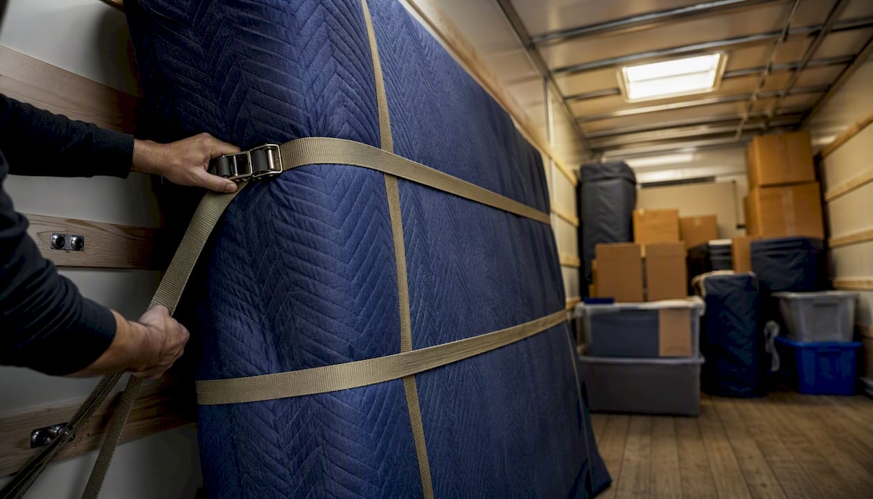 Mattress protected and strapped inside rental truck