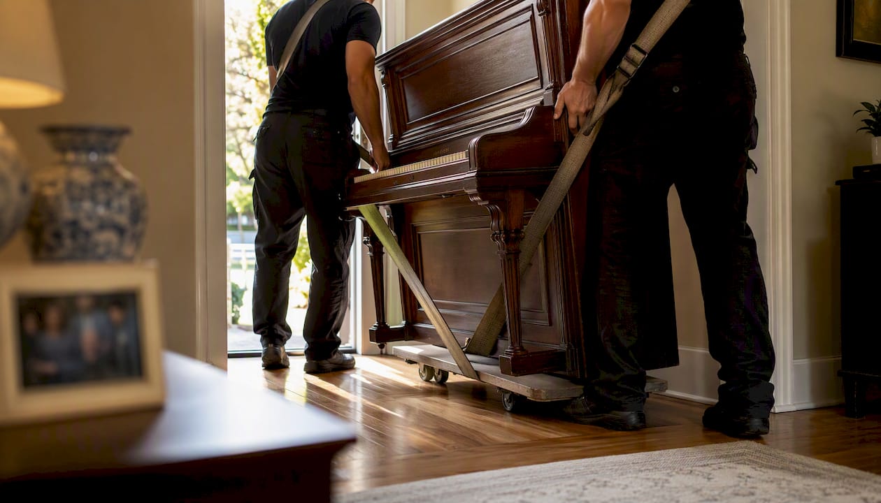Helpers lifting upright piano indoors