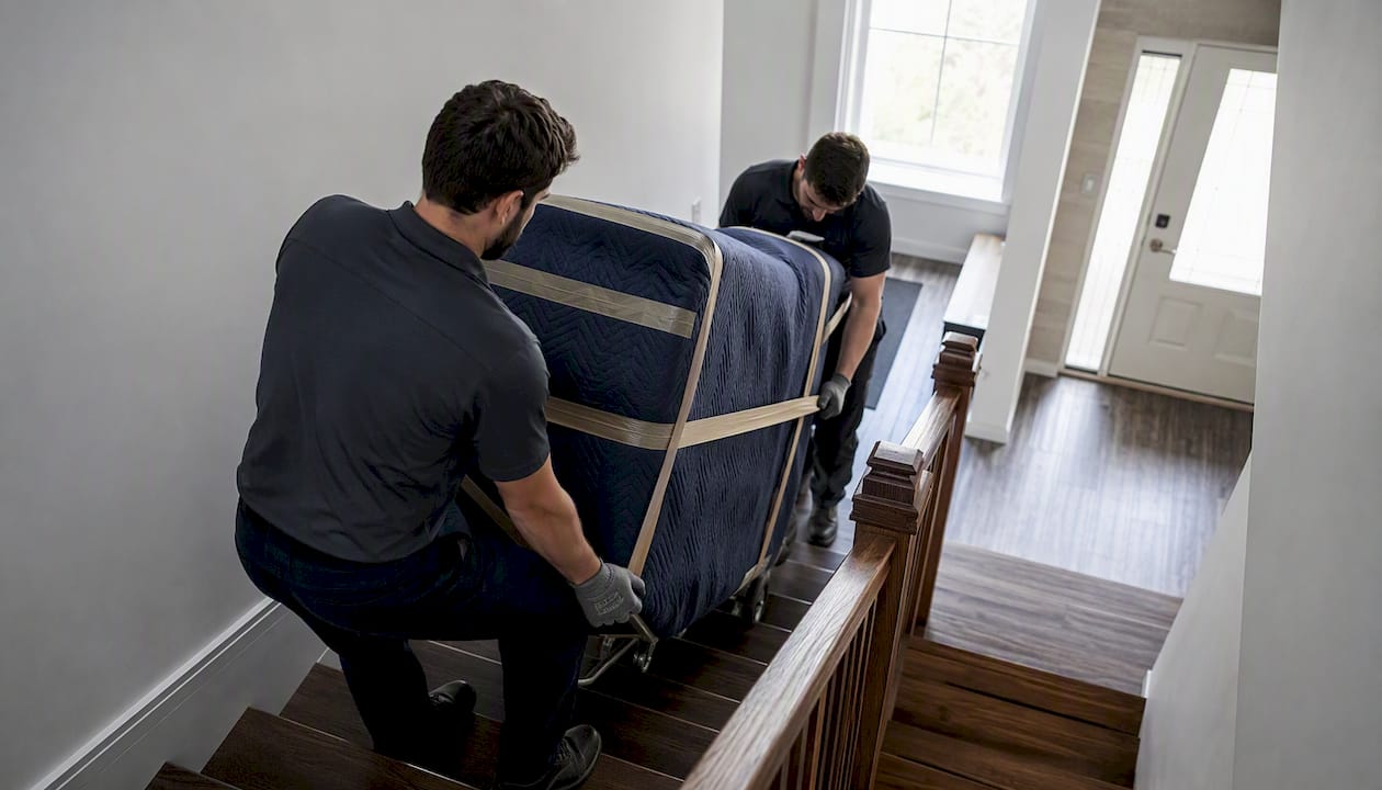 Professionals moving furniture down basement stairs
