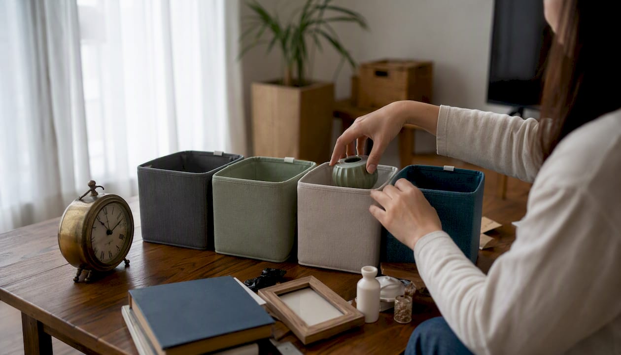 Hands sorting items with timer and bins