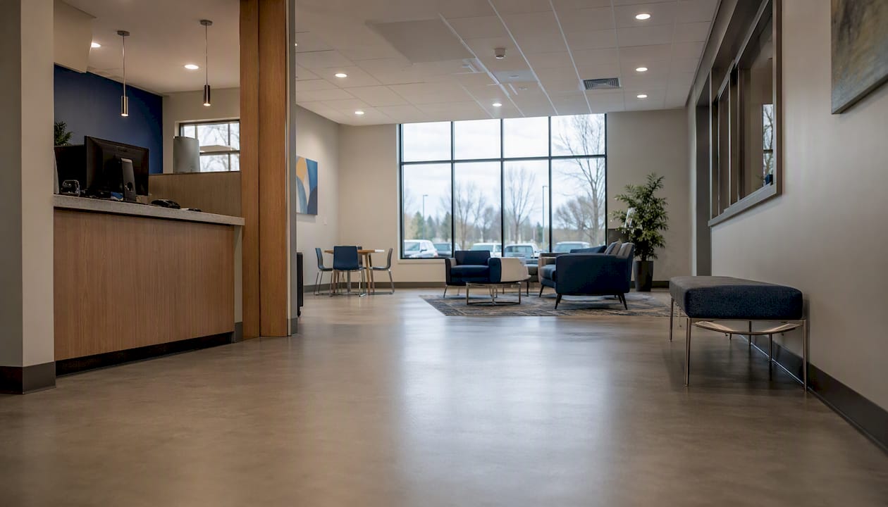 Settlement center interior with brochures and chairs