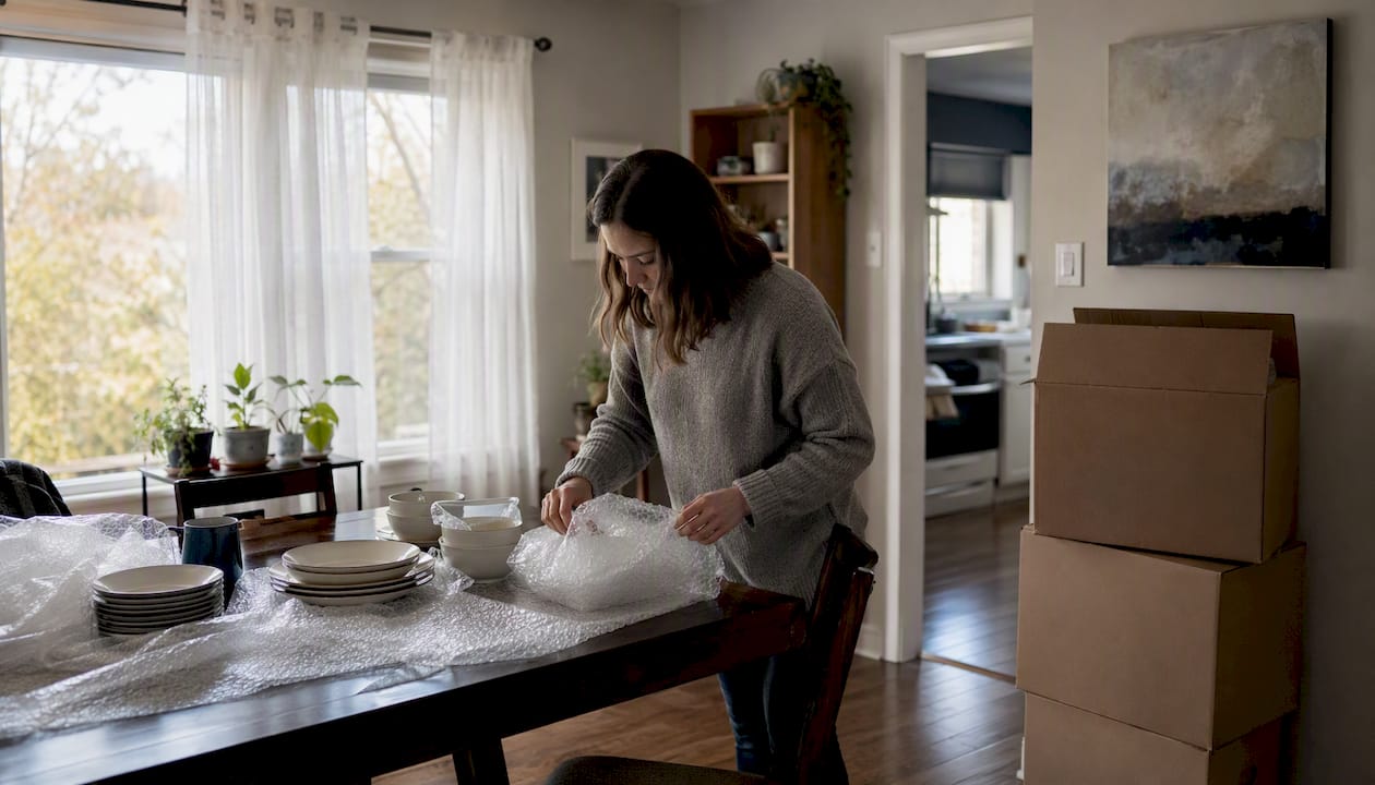 Hands packing moving boxes at home