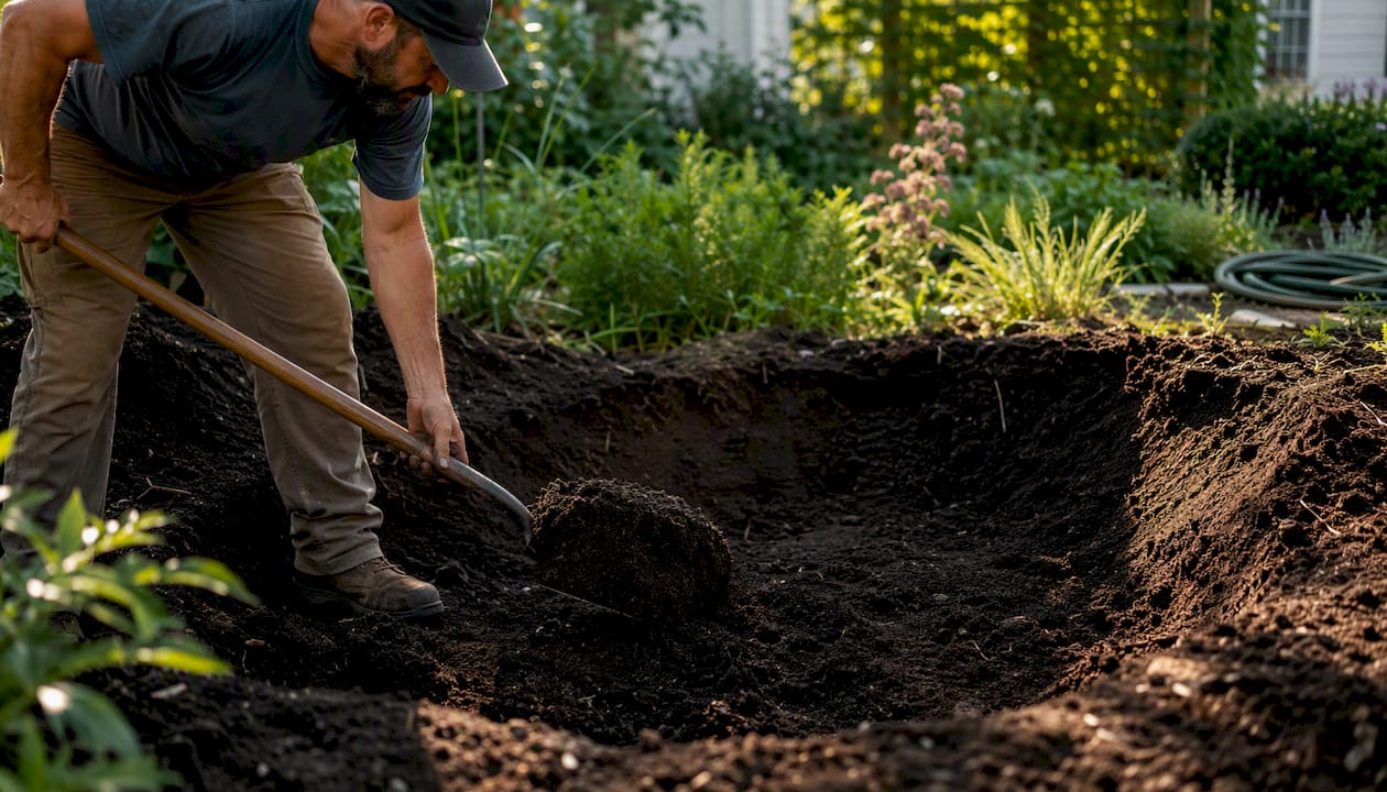Landscaper shoveling amended soil in rain garden