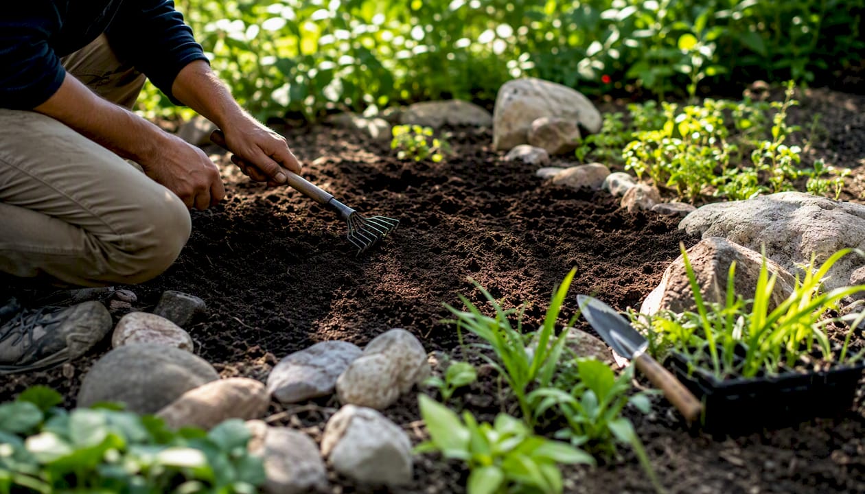 Hands raking soil in rain garden bed