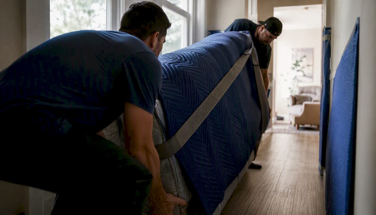 Two people moving couch on stairs