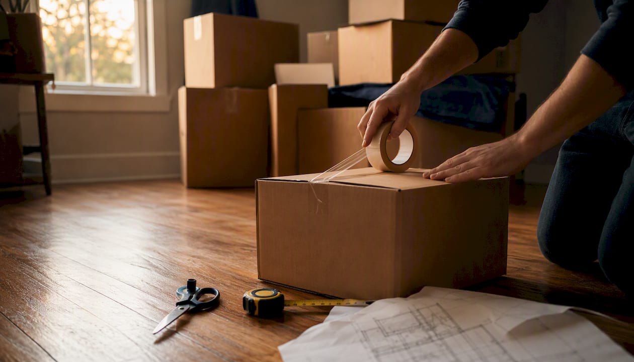 Hands packing moving boxes in family home