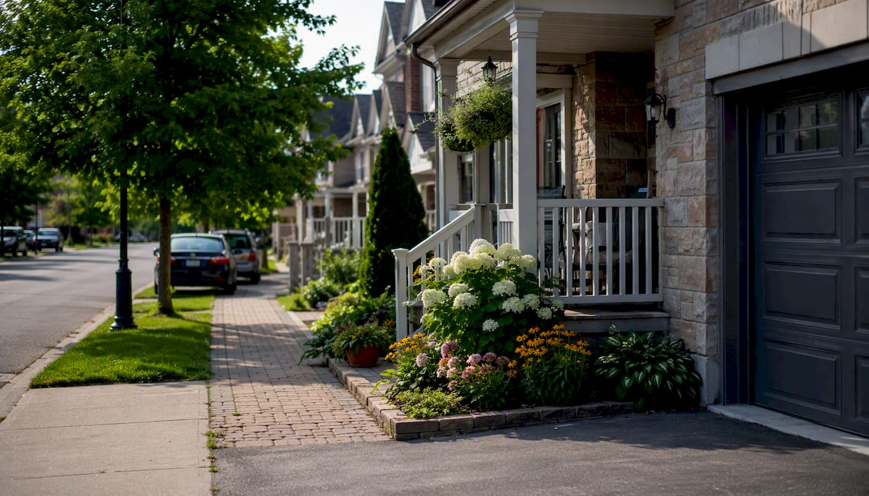 Canadian townhouse exterior with small yard