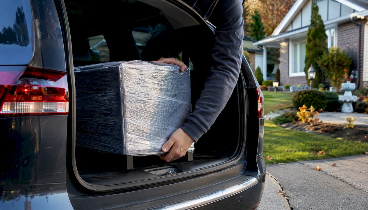 Loading purchased furniture into car trunk