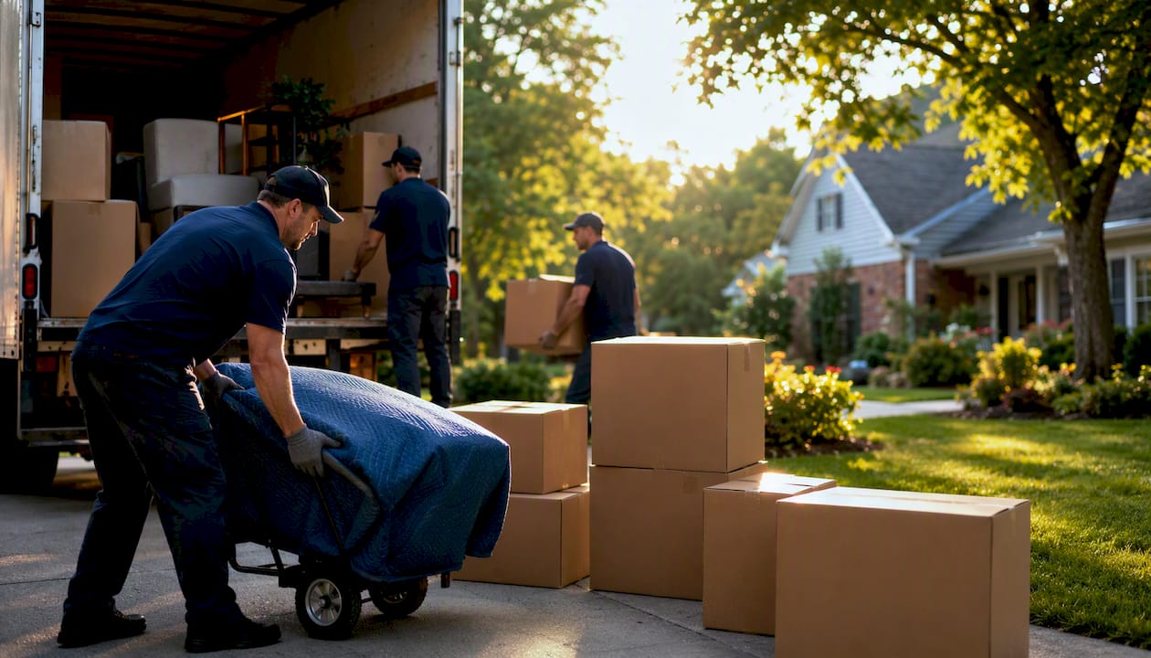 Movers loading household items into truck