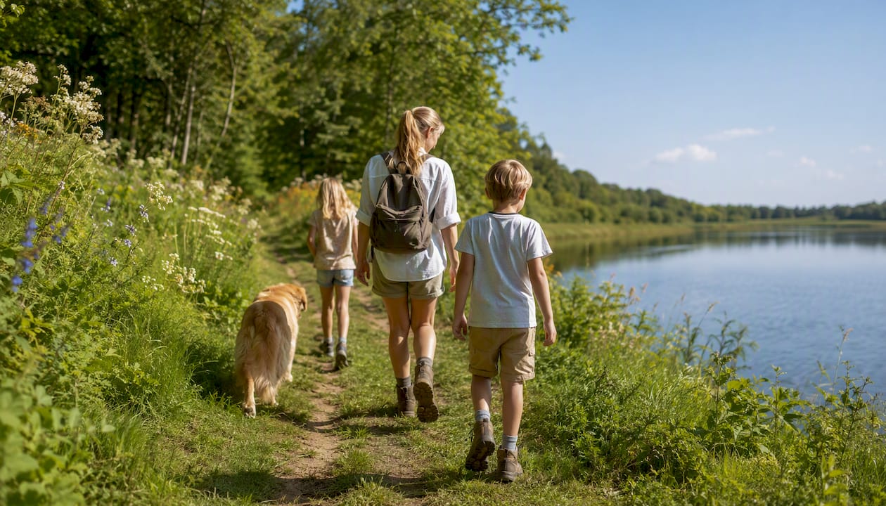 Family walking on lakeside nature trail