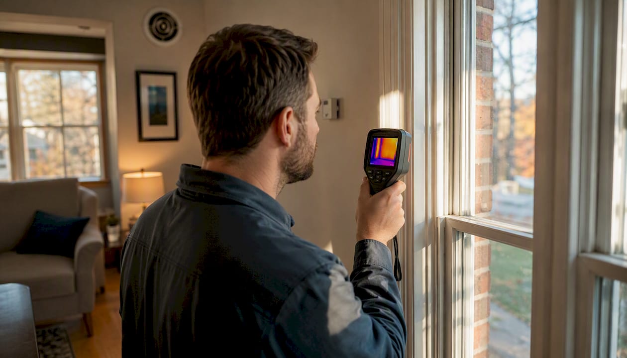 Home energy auditor checking window with thermal camera