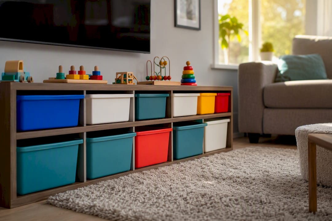 Neatly organized toy storage baskets in living room