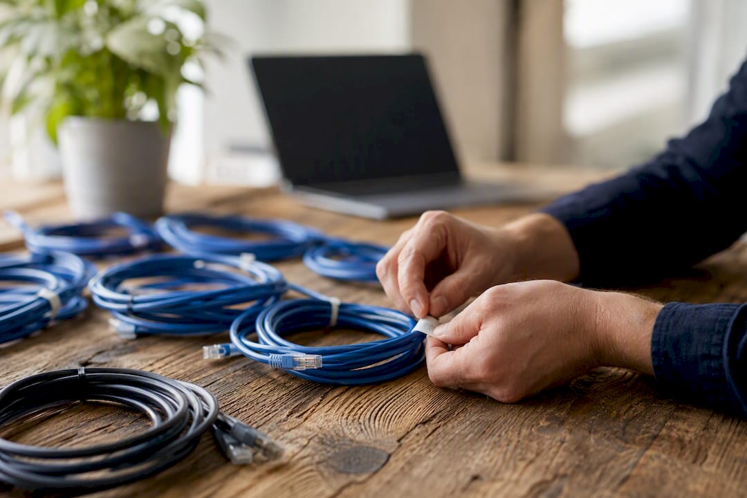 Hands labeling network cables on table