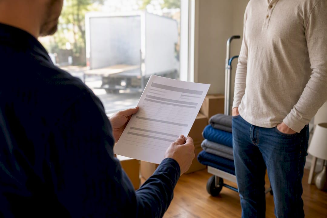 Hands holding generic insurance certificate near moving supplies