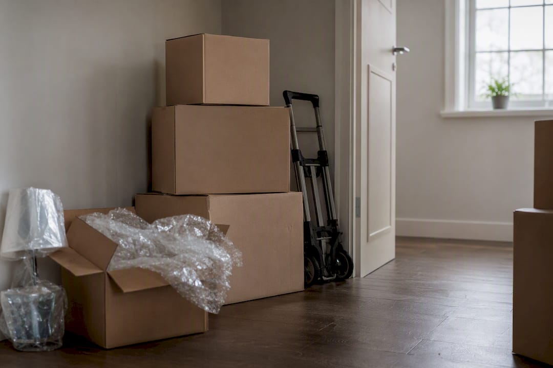 Stacked moving boxes in home hallway