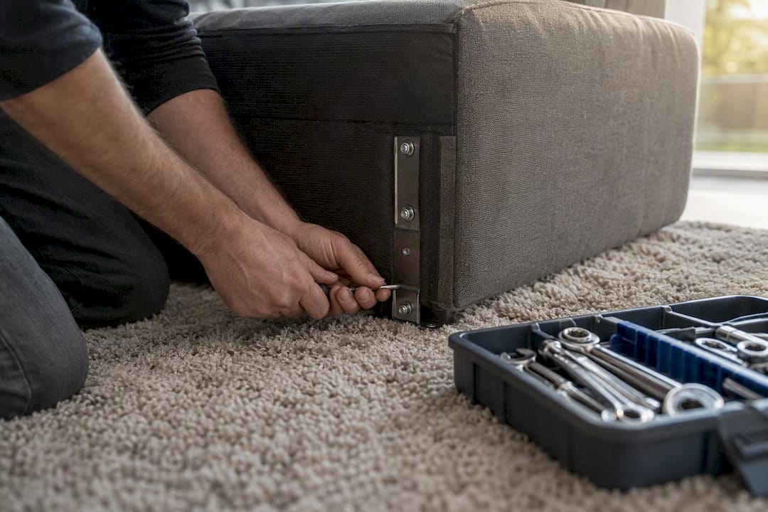 Hands disassembling sofa corner module