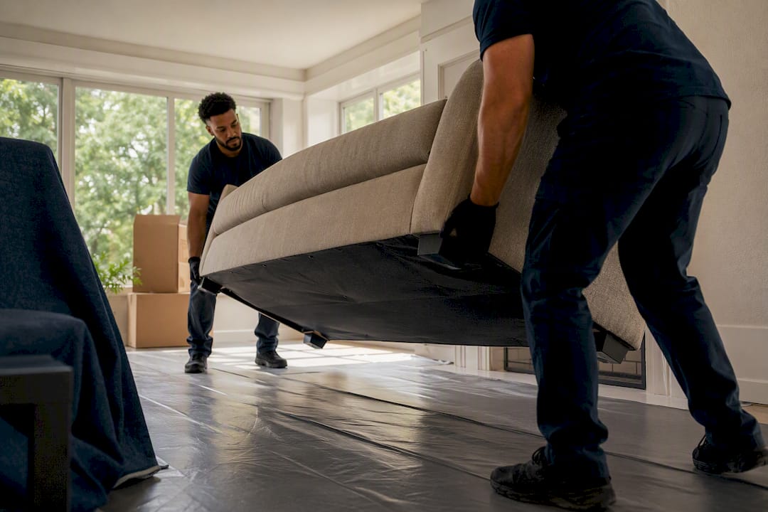 Movers placing sofa in hallway with floor protection