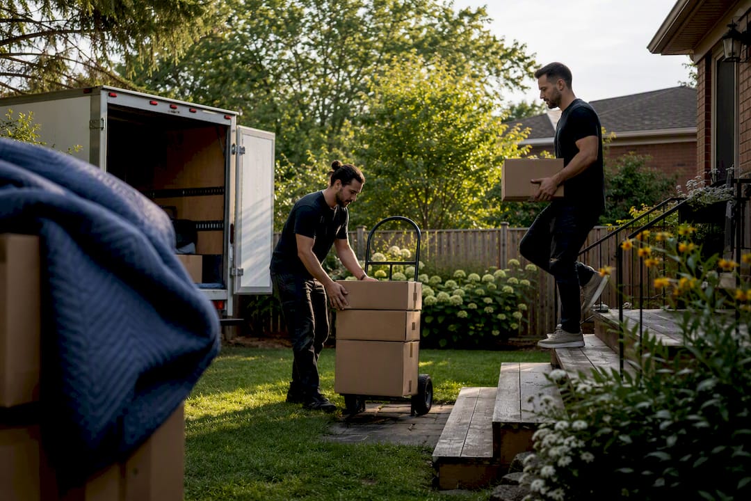 Movers unloading boxes at family home
