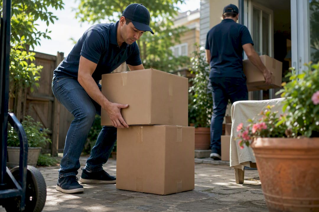 Movers stacking boxes at home entrance