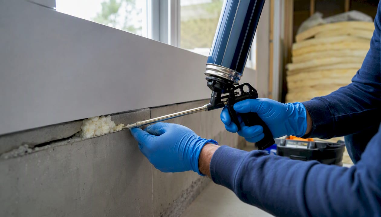 Technician sealing attic air gap with foam