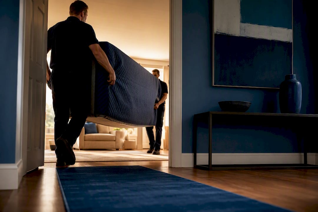 Crew delivering wrapped item into room