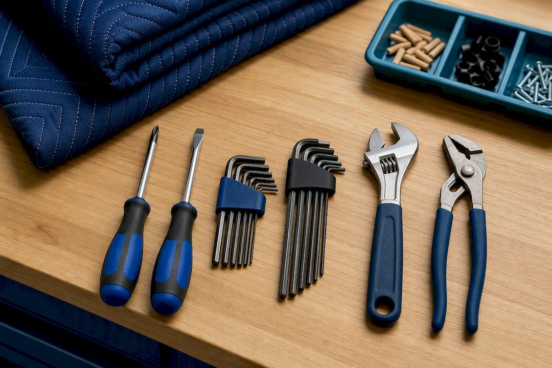 Furniture disassembly tools arranged on workbench
