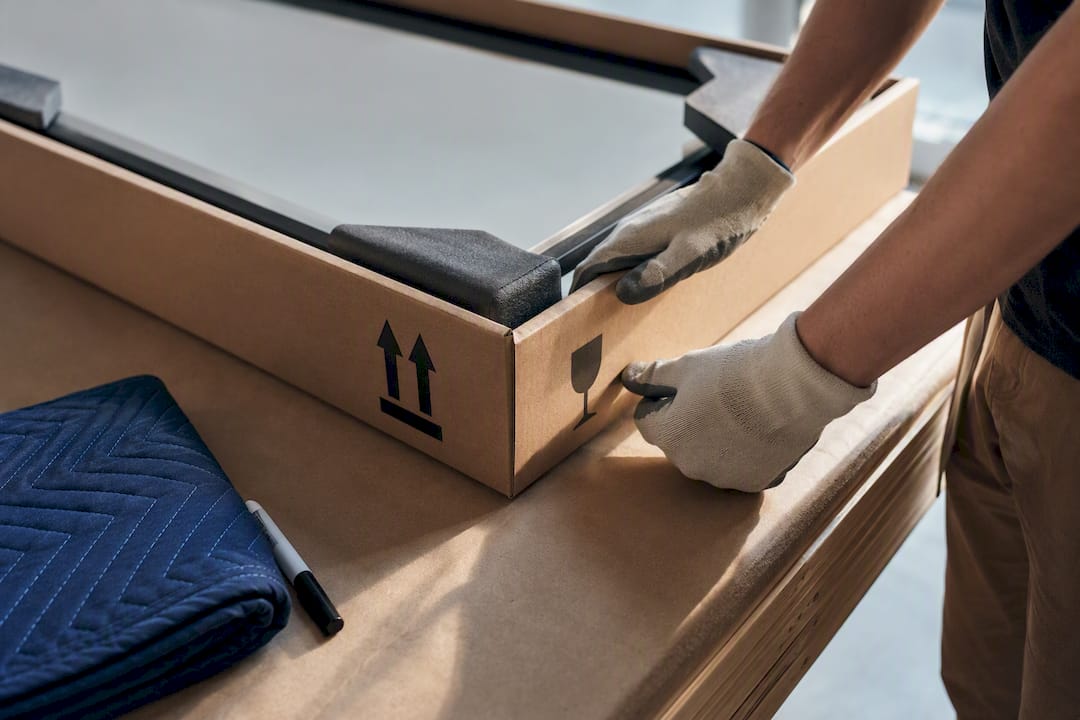 Hands marking protective box for framed mirror