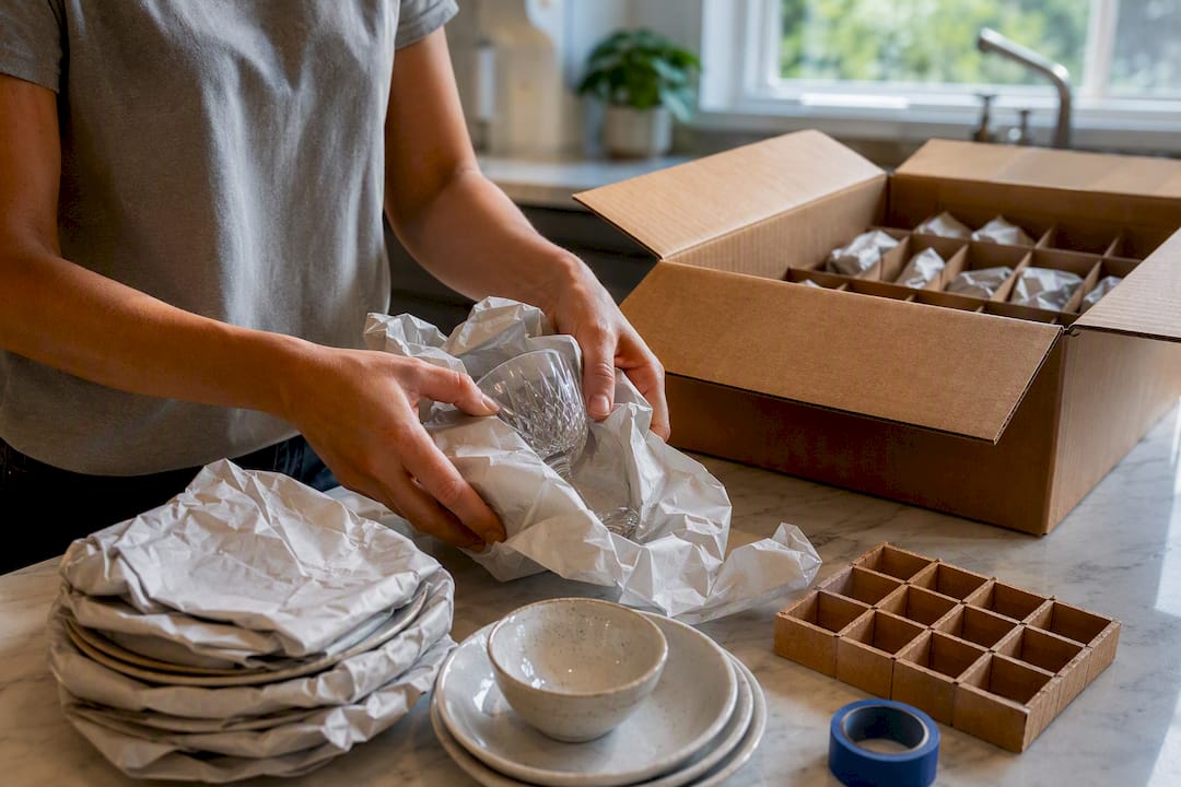 Hands packing glassware into protective moving box