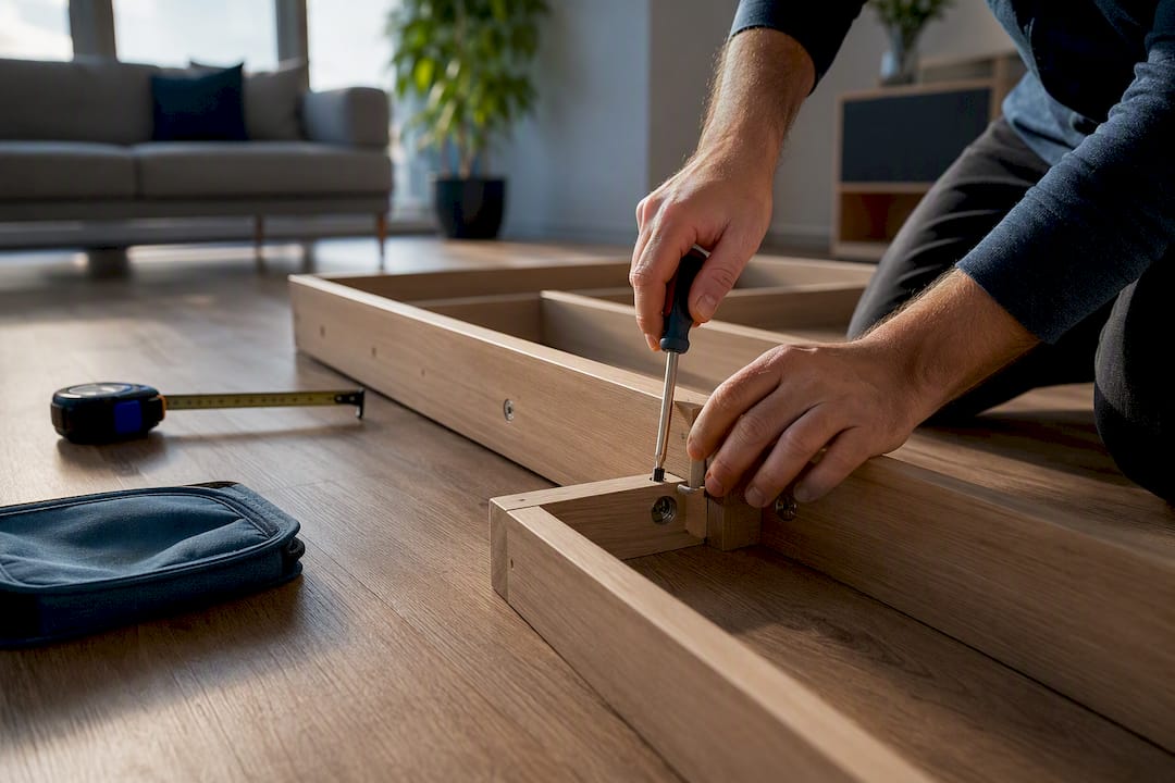 Hands assembling anonymous furniture frame