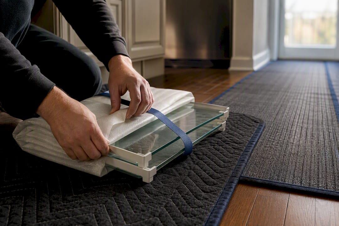 Glass refrigerator shelves wrapped for moving
