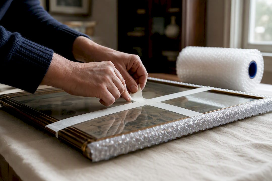 Hands taping antique glass for transport