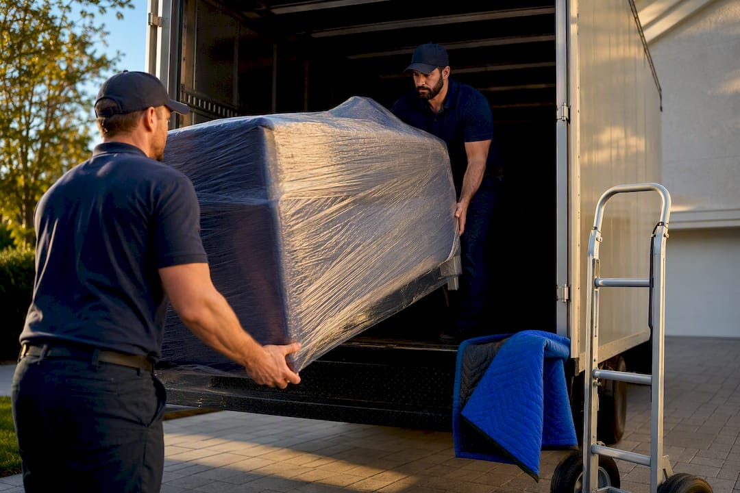 Crew loading wrapped furniture into cargo vehicle