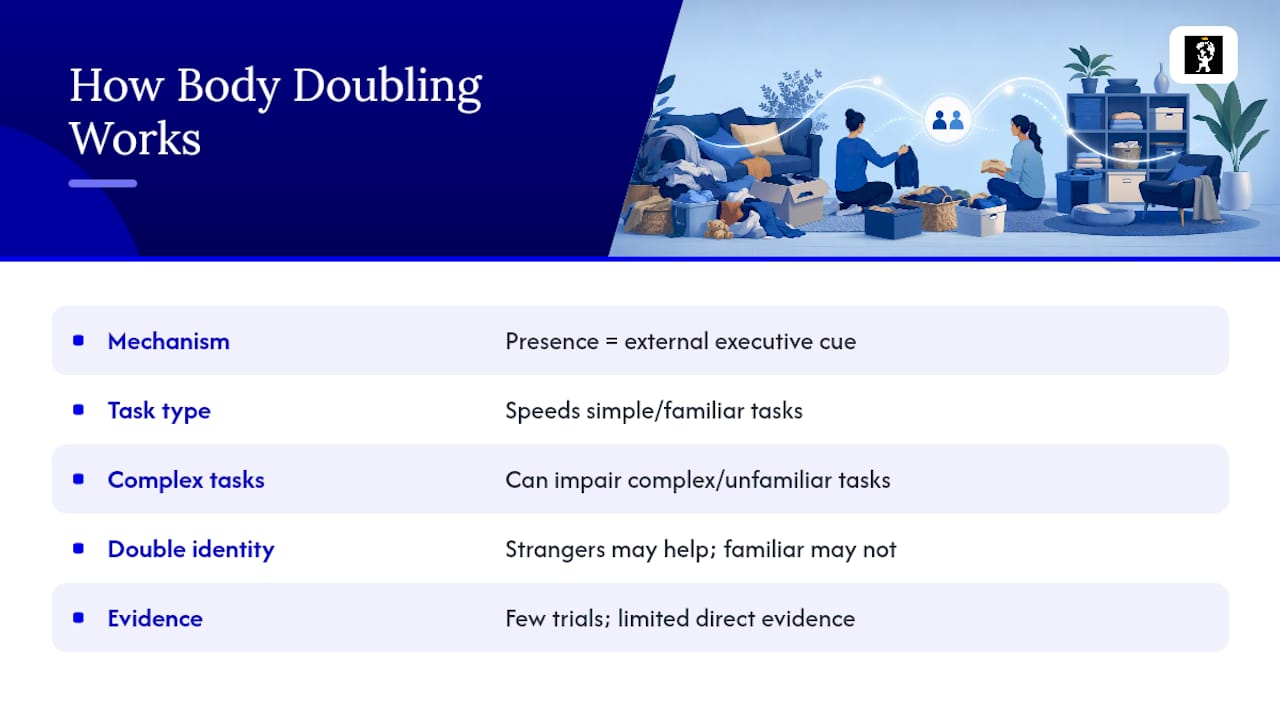 Why Body Doubling Can Work: Mechanisms and Evidence Summary — overview diagram