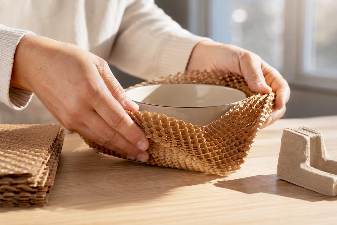 Honeycomb paper cushioning around ceramic dishware